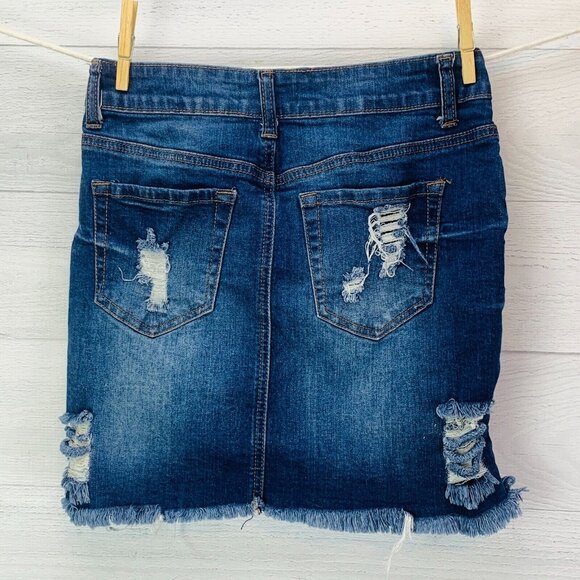 Forever 21 Womens Jean Mini Skirt Distressed Denim Stretch Frayed Hem Size 26 - Picture 7 of 9